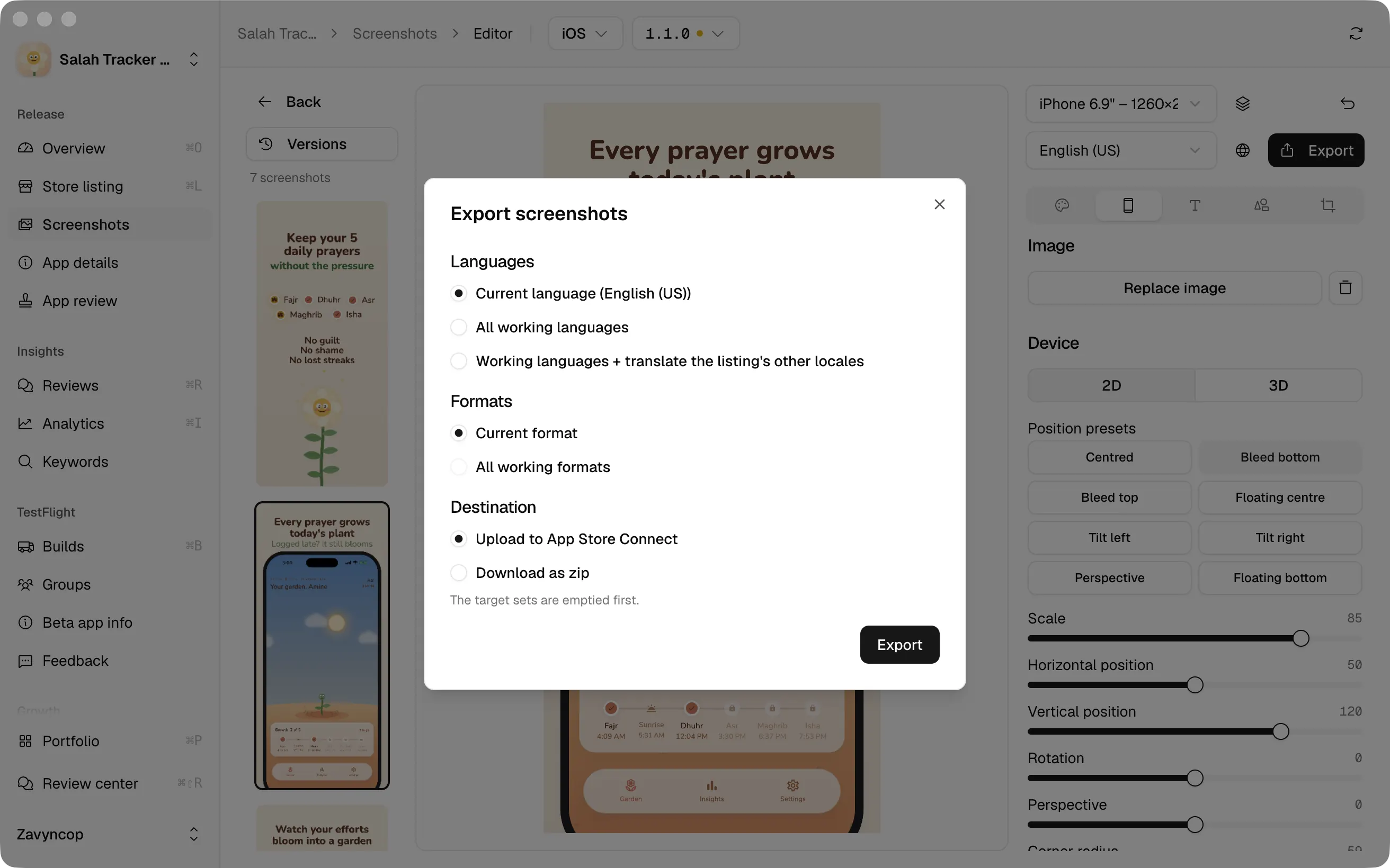 Exporting from Bascaso: pick the languages and device sizes, then upload to App Store Connect or download a zip.