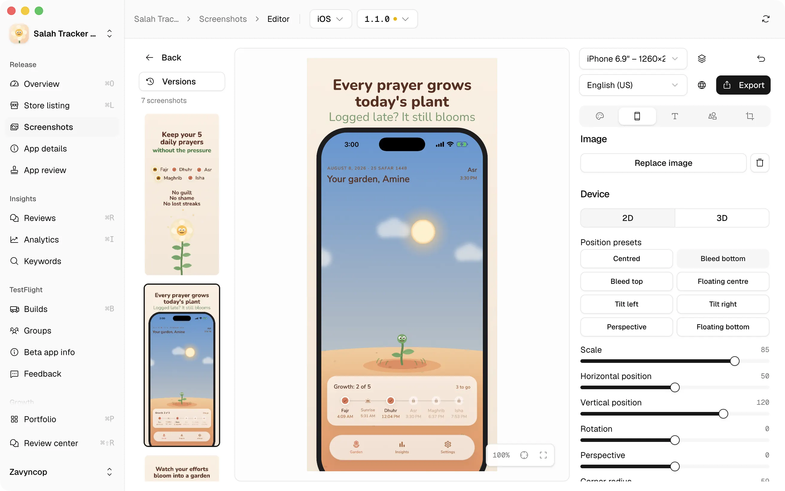 Bascaso's App Store screenshot editor: a capture on an iPhone mockup with a headline, beside the device, position and shadow controls.