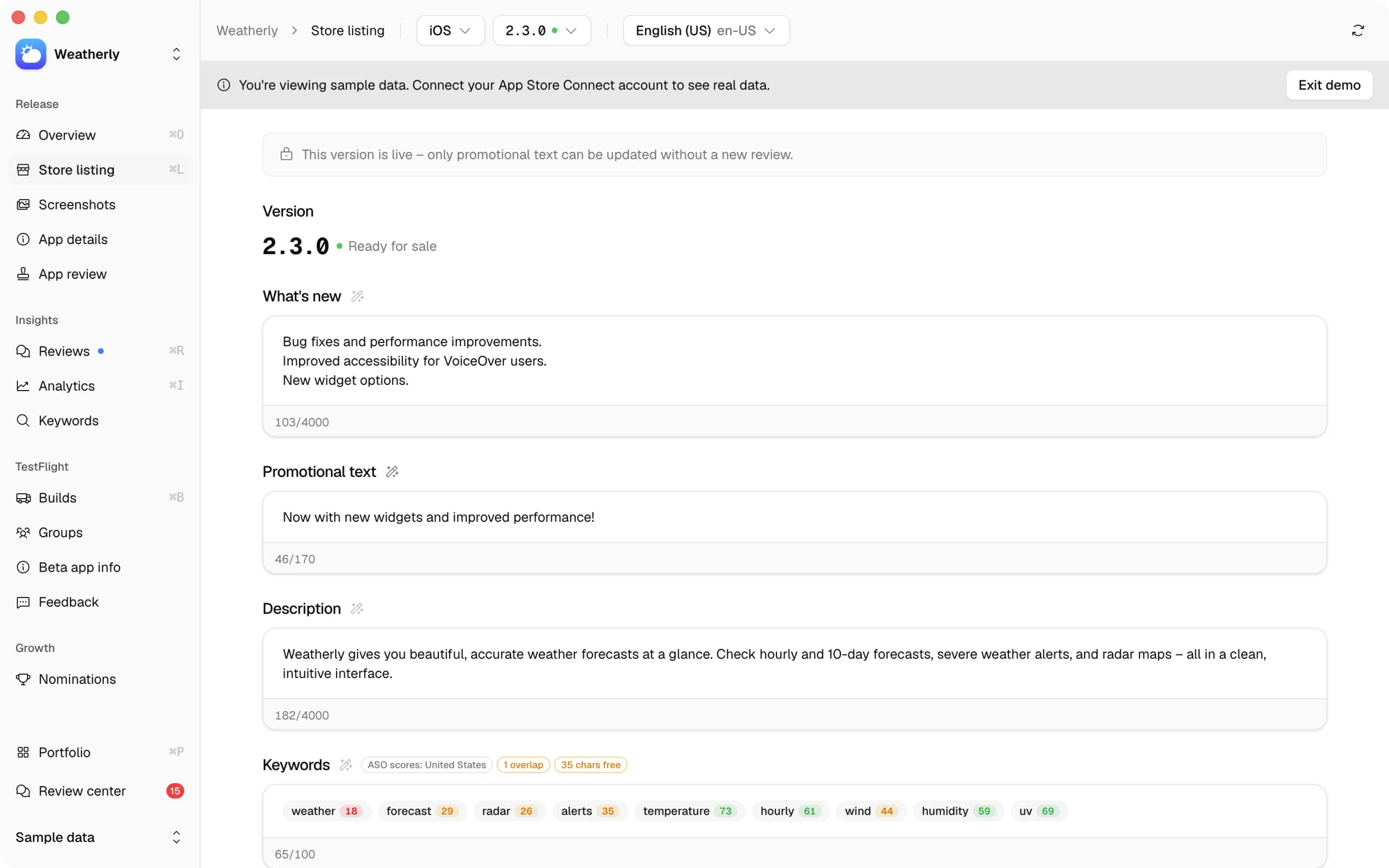 Store listing screen: per-locale fields with keyword scores and character budgets.
